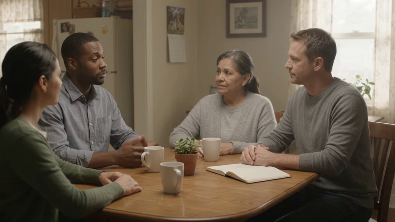 A family and a neutral advisor having a calm planning conversation at home