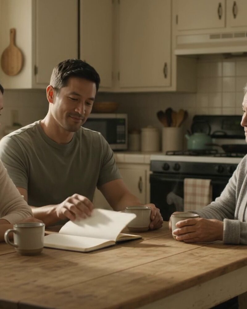A family having a calm planning conversation around their kitchen table
